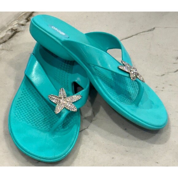 Oka-B Beach/Pool Flip Flops Comfort Flats/Teal/ M/L  8-9 Studded Starfish - Picture 6 of 9